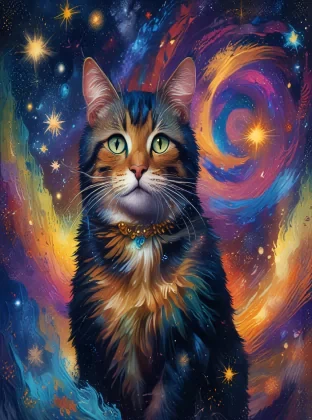 Generate an awe-inspiring and surreal digital painting of a mystical cat adorned with intricate patterns, floating amidst a swirling vortex of vibrant colors and shimmering stars. Capture the essence of Van Gogh's "Starry Night," with bold brushstrokes and a dreamy, otherworldly atmosphere.