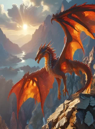 A majestic dragon perched on a cliff, scales glistening in the sunlight, detailed wings and claws, a fiery breath, a vast mountainous landscape, vibrant colors, high detail, 4K resolution