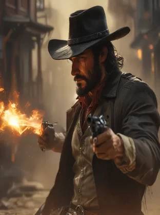 Intricate dynamic action shot of cowboy in a shootout, cinematic Steve Henderson Fabian Perez Henry Asencio Jeremy Mann Marc Simonetti Fantasy, red dead redemption 2 atmosphere, cinematic,