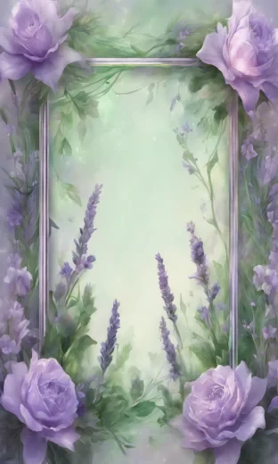 frame of flowers, rectangular, lavender and green flowers, magnificent, ultra realistic, highest resolution, detailed, harmonious
