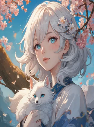 james jean, floating white fox figure made of sakura cherry blossom leaf, smoke, in the sky, colorful and vibrant, mystical colors, contemporary impressionism, yanjun cheng portrait painting, iridescent painting, 3/4 perspective view, cute face, low angle, sweeping circling composition, large beautiful crystal eyes, big irises, UHD, HDR, 8K, (Masterpiece:1. 5), (the most beautiful portrait in the world:1.5)