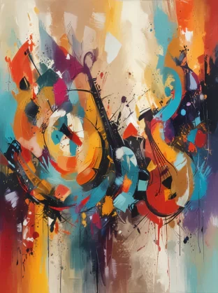 Abstract painting representing the sound of jazz music, using vibrant colors and erratic shapes