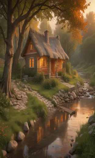 A cottage, next to a stream, cozy, warm colours, green trees, ( swing ), cloudy orange skies, fantasy art style