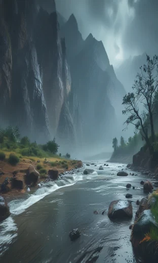 Mountain, rain, river, 8k