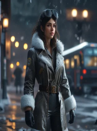 Brunette pilot girl in a snowstorm, full body, pretty face, beautiful, moody lighting, intricate details, depth of field, outdoors, Fujifilm XT3, RAW, 8K UHD, film grain, Unreal Engine 5, ray tracing