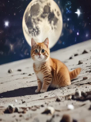 cute cat on the moon, space, bright, funny