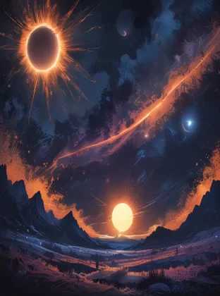 Landscape, night, solar eclipse, disappearance, special aura, detailed, chaotic drawing style