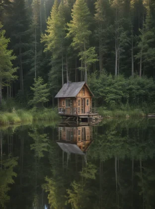 a house is reflected in the water of a lake, canon 5d mark iii photo, wlop : :, summer camp, wide shot of a cabin interior, by Henrik Weber, lush landscaping, canon 5d 50 mm lens, baris yesilbas, dramatic photograph, peacefull