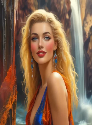 A vibrant, glamorous painting of a beautiful woman with long blonde hair, elegantly posed under a waterfall in the Nevada desert. The scene is characterized by rich, vivid colors and a polished, idealized style. The woman's radiant smile and confident pose, along with the dynamic flow of the waterfall, embody the classic allure of Rolf Armstrong's pin-up art