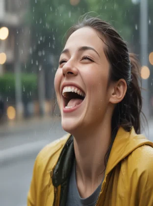 Create an image depicting a person joyously laughing in the rain, captured with a fast camera setting to freeze the motion of the raindrops. The scene should convey happiness and spontaneity, with the raindrops caught in sharp, crystal-clear detail against a blurred background to emphasize the movement and the emotive expression of the subject. Make sure the lighting reflects the mood, possibly with a soft, diffused light that enhances the joyful atmosphere of the moment