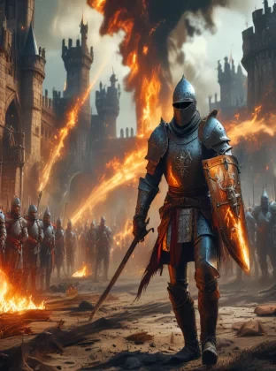 A dramatic medieval battle scene with knights in shining armor, fire, detailed weapons and banners, a castle in the background, intense action, rich colors, 4K resolution