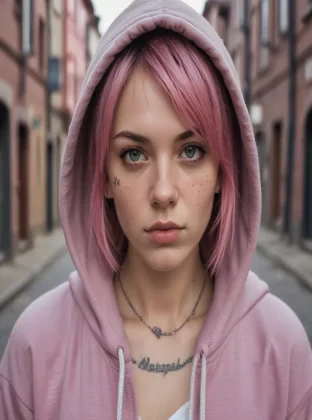 arcane style, 1girl, European face, beautiful face, hoodie, arm tattoo, portrait, asymmetrical bangs, bandaid, short hair, bangs, breasts, freckles, grey eyes, large breasts, looking at viewer, neck tattoo, nose piercing, pink hair, scar, scar on face, solo, tattoo on face, upper body, detailed background, town, alley, dark alley, portrait, hood on head, night, angry, close up, closed mouth, , ((masterpiece)), absurdres