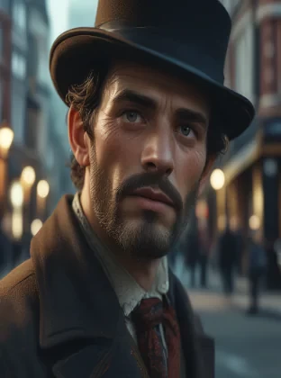 Victorian man, London, (sharp focus:1.2), extremely detailed, (photorealistic:1.4), (RAW image, 8k high resolution:1.2), RAW candid cinema, 16mm, color graded Portra 400 film, ultra realistic, cinematic film still, subsurface scattering, ray tracing, (volumetric lighting)
