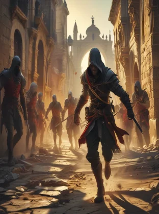 A valiant Assassin's Creed character, dressed in iconic stealth attire with a hidden blade and hood, engaged in an intense battle in ancient Spain. The scene is set amidst historic Spanish architecture with stone buildings, arches, and cobblestone streets. The character is dynamically posed in mid-action, dodging an attack while countering with a swift strike. The background showcases a dramatic sunset casting long shadows and highlighting the intricate details of the period-specific environment. Spanish soldiers in traditional armor are visible, adding to the chaos and intensity of the fight. The image is highly detailed, vibrant, and dramatic, capturing the essence of ancient Spain and the epic nature of the battle