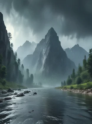 Mountain, rain, river, 8k, HD