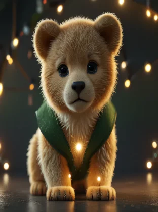 A cub wearing green vest, ultra realistic, lights, cute, detailed, 8k