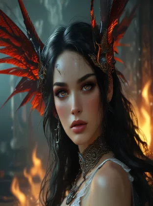 very complex hyper-maximalist overdetailed cinematic tribal darkfantasy closeup portrait of a malignant beautiful young dragon queen goddess megan fox with long black windblown hair and dragon scale wings, Magic the gathering, pale skin and dark eyes,flirting smiling succubus confident seductive, gothic, windblown hair, vibrant high contrast, by andrei riabovitchev, tomasz alen kopera,moleksandra shchaslyva, peter mohrbacher, Omnious intricate, octane, moebius, arney freytag, Fashion photo shoot, glamorous pose, trending on ArtStation, dramatic lighting, ice, fire and smoke, orthodox symbolism Diesel punk, mist, ambient occlusion, volumetric lighting, Lord of the rings, BioShock, glamorous, emotional, tattoos,shot in the photo studio, professional studio lighting, backlit, rim lighting, Deviant-art, hyper detailed illustration, 8k