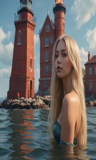 Mermaid, slim and curvy, long blond hair, in the water in front of a red brick lighthouse, wide shot, sharp focus, high detail, 4k, masterpiece, photo, digital art, fantasy
