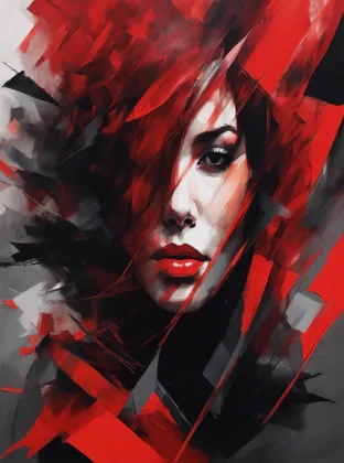 abstract female portrait,undefined hair,red and black color palette,blurred boundaries,upper body,fragmented visual style,evokes feelings of rebellion and passion