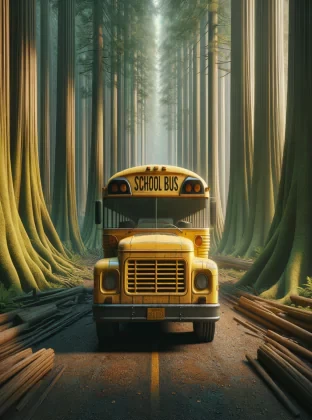 Old yellow school bus real photo from the front in the forest ultra realistic