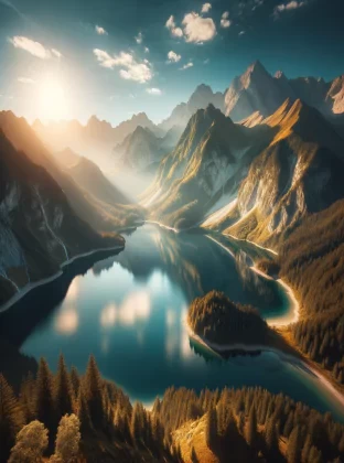 BEAUTIFUL MOUNTAIN AND LAKE IN A SUNNY DAY