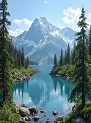 BEAUTIFUL MOUNTAIN AND LAKE IN A SUNNY DAY