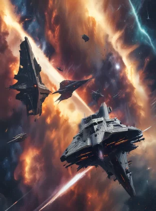 An epic space battleship between futuristic spacecraft, set against a backdrop of swirling nebulas and distant stars, capturing the intensity of interstellar warfare