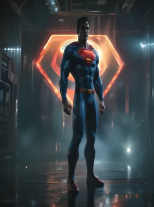 a man in a superman suit standing in a dark room, a hologram by Zack Snyder, featured on cg society, superflat, reimagined by industrial light and magic, dc comics, anamorphic lens flare