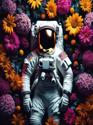 astronaut laying in flowers, top view, cinematic, dark light, beautiful colors, detailled, 4k