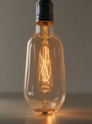 A light up edison bulb, detailed bulb components, clear glass details, warm light , very realistic, very clear picture, high quality,8k