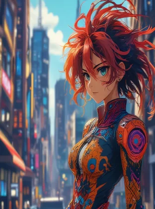 A vibrant anime character with detailed, expressive eyes, dynamic hair, intricate costume design, a lively cityscape background, bold colors, sharp lines, 4K resolution