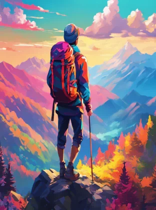 person with backpack standing on top of mountain, in the style of vibrant palette, anime art, 32k uhd, painted illustrations, high resolution
