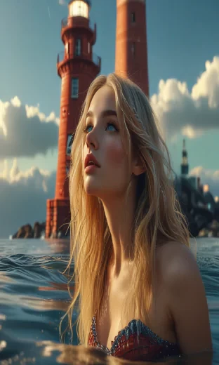 Mermaid, slim and curvy, long blond hair, in the water in front of a red brick lighthouse, wide shot, sharp focus, high detail, 8k, masterpiece, photo, bright light, sharp finish, perfect face, proportional features, perfect eyes, defined lines, vibrant colours, details, digital art, fantasy