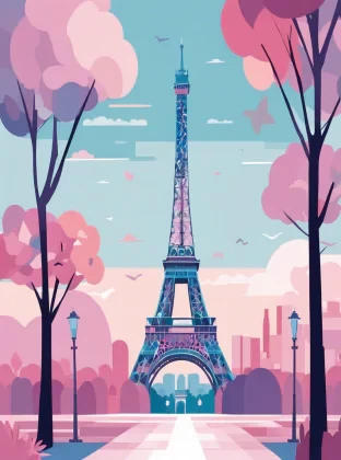 Flat vector art illustration, flat color, Eiffel Tower Paris, pastel blues, pinks and purples, wide angle