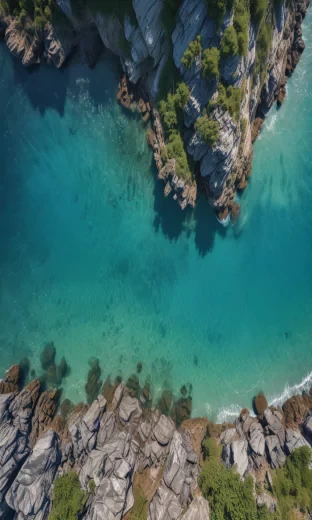 Blue clear water, clean beach, cliff covered with greens, blue sky, high resolution, realistic, detailed , sharp colours, drone photography, side top shot