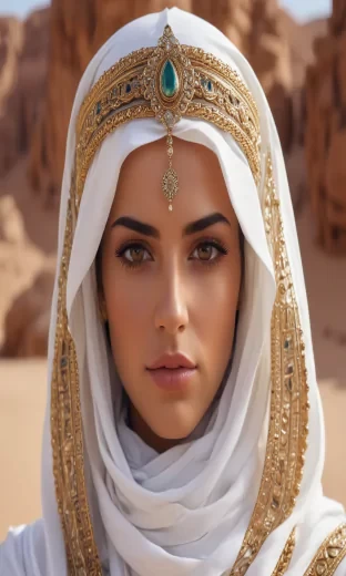 Queen of Arabia, extremely pretty face, sharp features, symmetrical, desert, beautiful, 8k