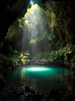 the serene interior of a cave, where a pool of water is nestled amidst an abundance of greenery. Sunlight filters through the cave opening, casting a soft glow on the surrounding foliage and the tranquil water below