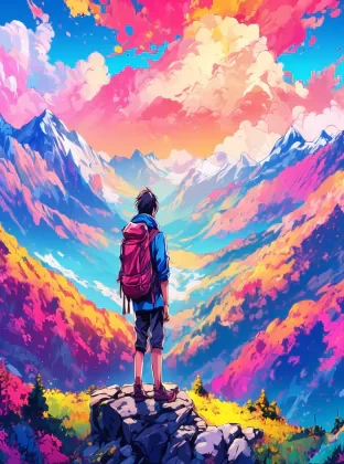 person with backpack standing on top of mountain, in the style of vibrant palette, anime art, 32k uhd, painted illustrations, high resolution