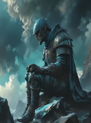 a painting of a knight sitting outdoors, in the style of dark sky-blue and light cyan, ethereal, dreamlike quality, ps1 graphics, lith printing, atmospheric clouds, frostpunk, comic art --ar 24:41 --stylize 750 --v 6