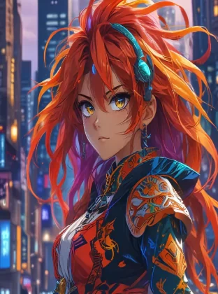 A vibrant anime character with detailed, expressive eyes, dynamic hair, intricate costume design, a lively cityscape background, bold colors, sharp lines, 4K resolution
