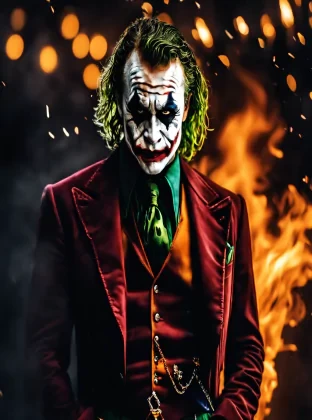 dark and gloomy, a full body photo of Heath Ledger as the joker, the flames behind him , lifelike texture, dynamic composition, Fujifilm XT2, 85mm F1.2, 1/80 shutter speed, (bokeh), high contrast, cinematic, movie still, 8K