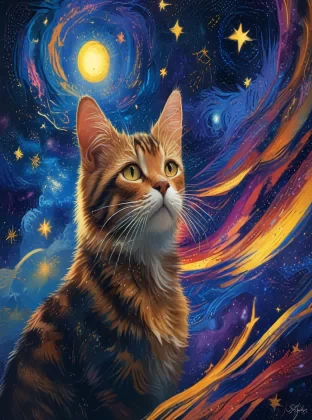 Generate an awe-inspiring and surreal digital painting of a mystical cat adorned with intricate patterns, floating amidst a swirling vortex of vibrant colors and shimmering stars. Capture the essence of Van Gogh's "Starry Night," with bold brushstrokes and a dreamy, otherworldly atmosphere.