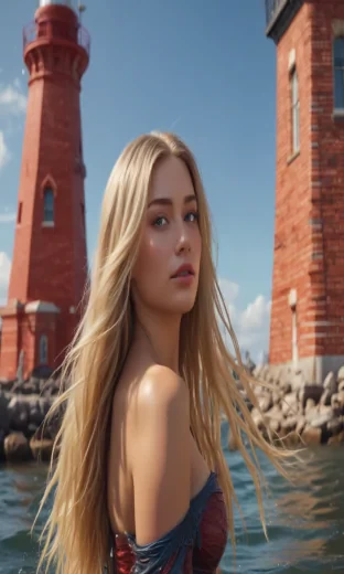 Mermaid, slim and curvy, long blond hair, in the water in front of a red brick lighthouse, wide shot, sharp focus, high detail, 8k, masterpiece, photo, bright light, sharp finish, perfect face, proportional features, perfect eyes, defined lines, vibrant colours, details, digital art, fantasy