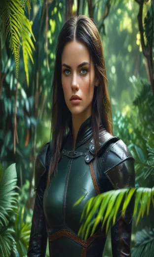 A realistically drawn (((female warrior))) standing confidently in a lush, tropical wilderness, dressed in sleek, functional leather armor, her face set in resolve, amidst a vibrant jungle backdrop