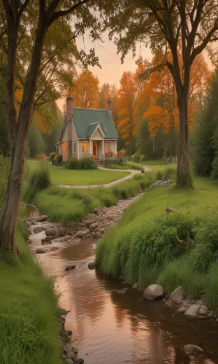 A cottage, next to a stream, cozy, warm colours, green trees, ( swing ), cloudy orange skies