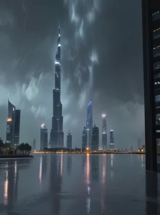 Dubai, burj khalifa during storm, highest quality, 8k