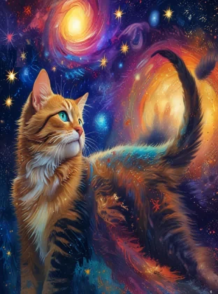Generate an awe-inspiring and surreal digital painting of a mystical cat adorned with intricate patterns, floating amidst a swirling vortex of vibrant colors and shimmering stars. Capture the essence of Van Gogh's "Starry Night," with bold brushstrokes and a dreamy, otherworldly atmosphere.