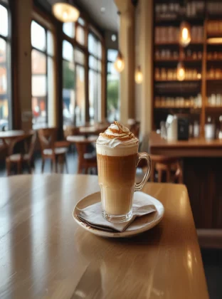 Cafe latte, in a fancy style coffee shop, modern ambience, natural colours, natural light, perfect lighting, 8k, highest quality