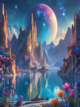 A breathtaking fantasy landscape featuring towering crystal mountains, vibrant alien flora, and a serene azure lake under a star-filled sky with two moons, detailed foreground with luminescent flowers and ancient ruins, vibrant colors, epic scale, 4K resolution