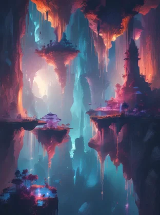 A surreal scene with floating islands, upside-down waterfalls, ethereal glowing entities, a dreamlike atmosphere, vibrant colors, detailed textures, high contrast, 4K resolution